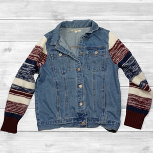 MIAMI Denim Jacket Striped Knit Sleeves‎ Size Small